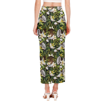 Vanilla Flower And Coconut Pattern Print Side Slit Maxi Skirt
