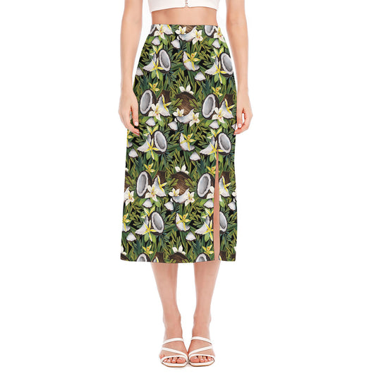 Vanilla Flower And Coconut Pattern Print Side Slit Midi Skirt