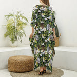 Vanilla Flower And Coconut Pattern Print Silk V-Neck Kaftan Dress