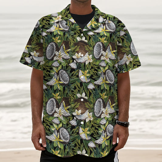 Vanilla Flower And Coconut Pattern Print Textured Short Sleeve Shirt