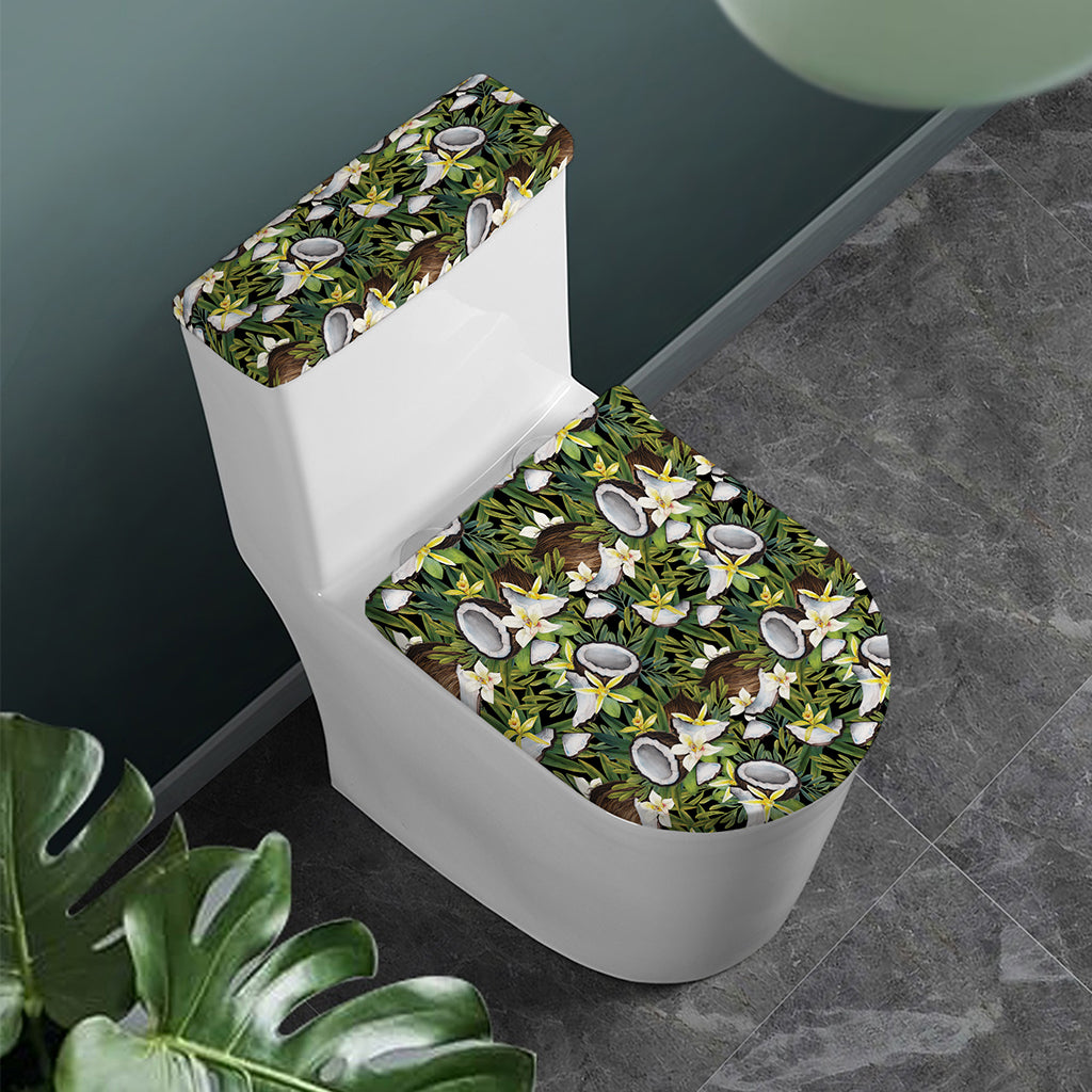 Vanilla Flower And Coconut Pattern Print Toilet Lid And Tank Cover Set