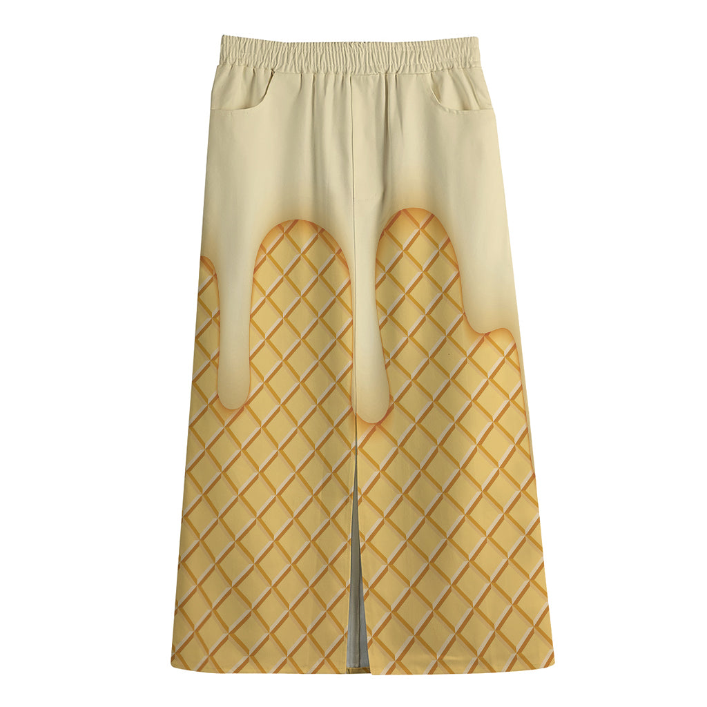 Vanilla Ice Cream Melted Print Cotton Front Slit Maxi Skirt