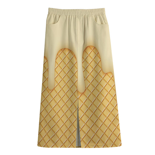 Vanilla Ice Cream Melted Print Cotton Front Slit Maxi Skirt