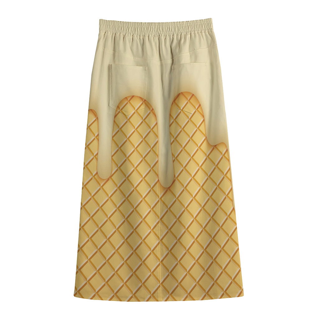 Vanilla Ice Cream Melted Print Cotton Front Slit Maxi Skirt