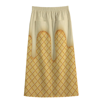 Vanilla Ice Cream Melted Print Cotton Front Slit Maxi Skirt