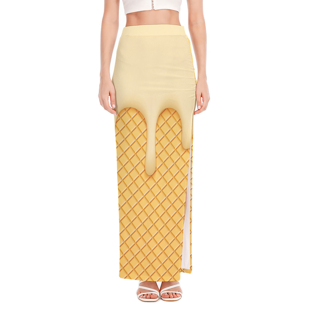 Vanilla Ice Cream Melted Print High Slit Maxi Skirt