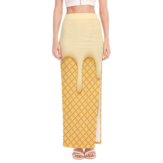 Vanilla Ice Cream Melted Print High Slit Maxi Skirt