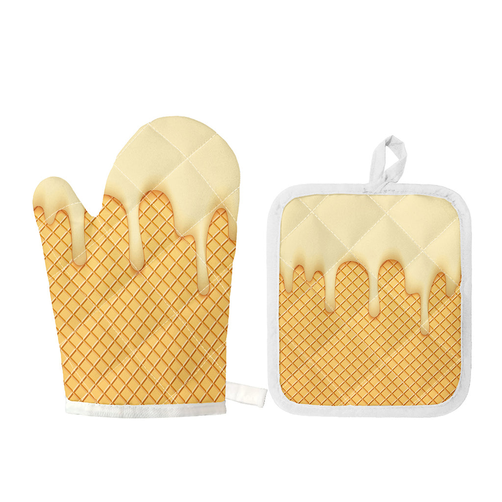 Vanilla Ice Cream Melted Print Oven Mitt And Pot Holder Set