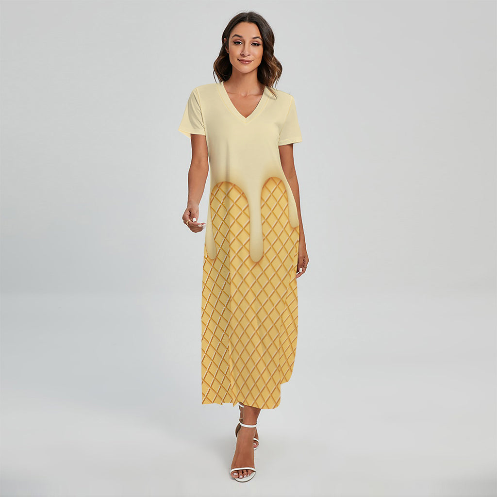 Vanilla Ice Cream Melted Print Short Sleeve Maxi Dress