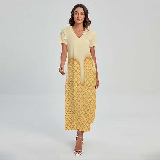 Vanilla Ice Cream Melted Print Short Sleeve Maxi Dress