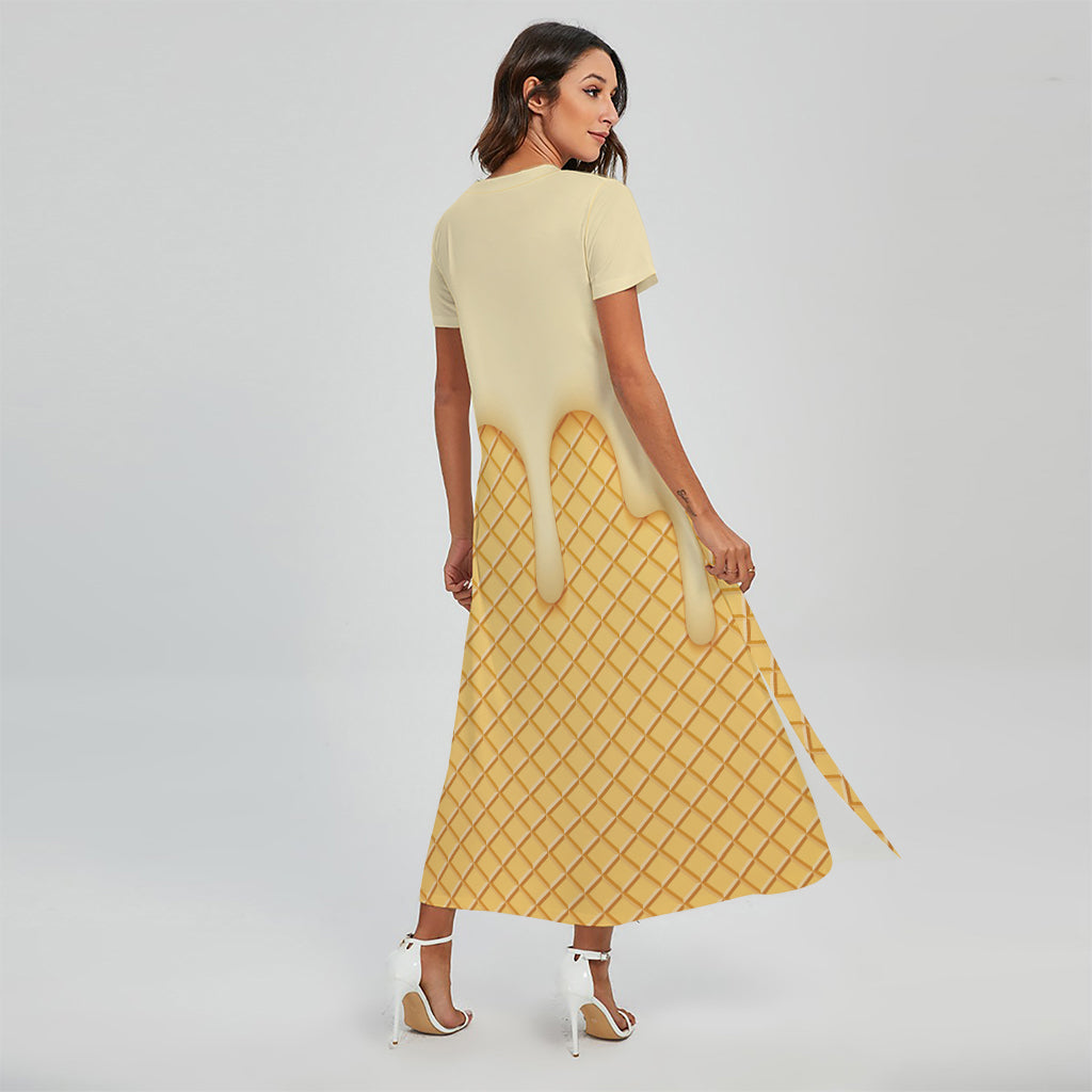 Vanilla Ice Cream Melted Print Short Sleeve Maxi Dress