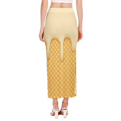 Vanilla Ice Cream Melted Print Side Slit Maxi Skirt