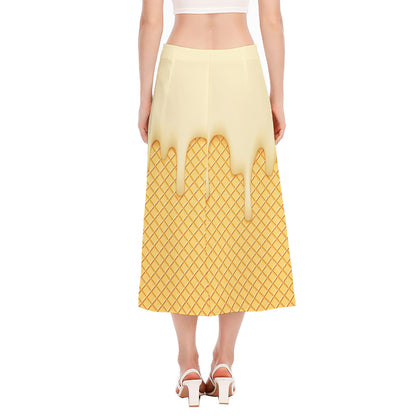 Vanilla Ice Cream Melted Print Side Slit Midi Skirt