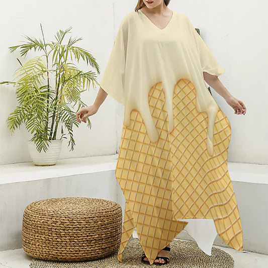Vanilla Ice Cream Melted Print Silk V-Neck Kaftan Dress