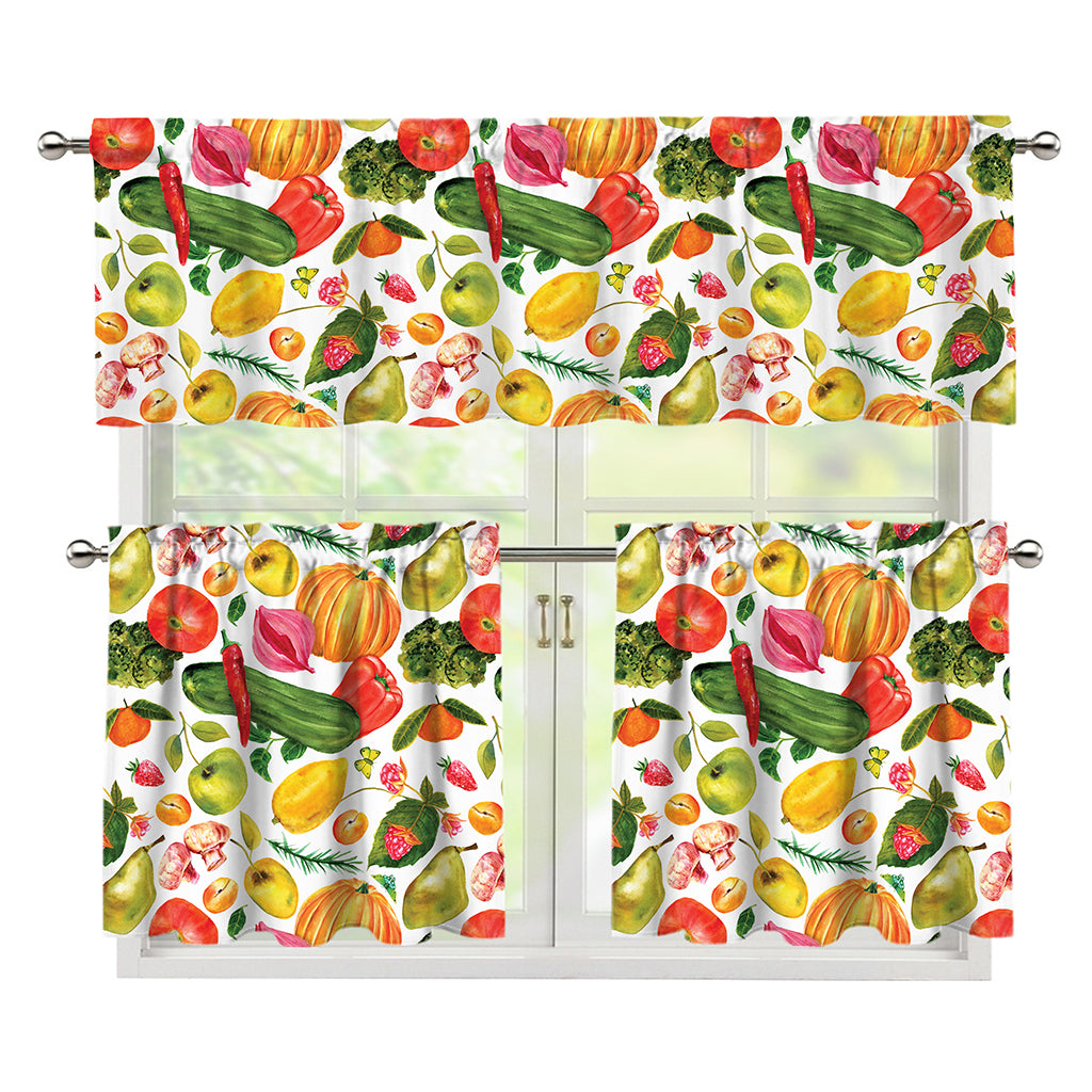 Vegan Fruits And Vegetables Print 3 Piece Kitchen Curtains