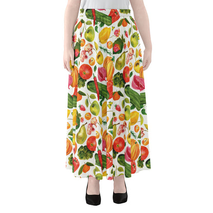 Vegan Fruits And Vegetables Print Chiffon Maxi Skirt