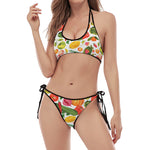 Vegan Fruits And Vegetables Print Halter Scoop Tie Side Bikini
