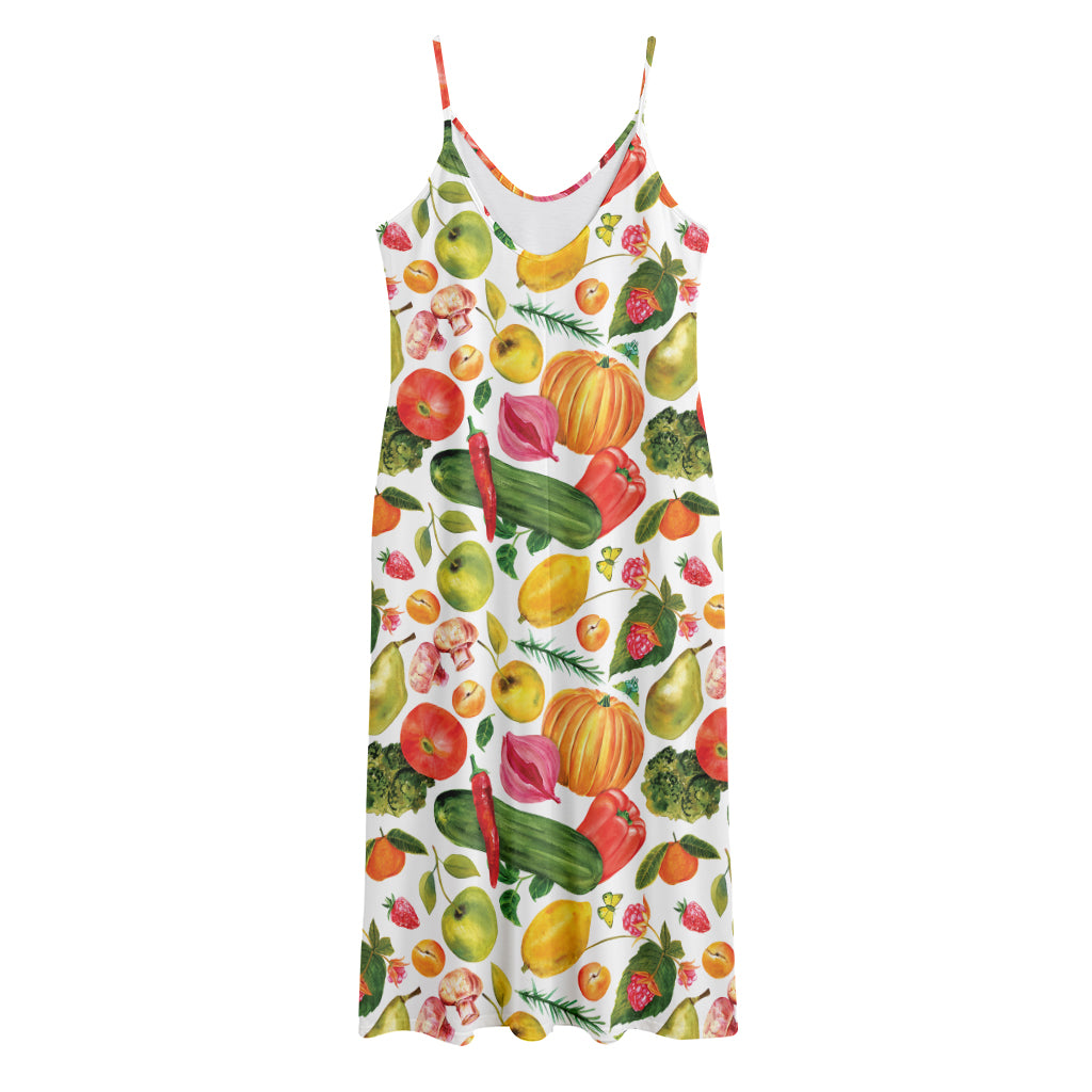 Vegan Fruits And Vegetables Print Jersey Midi Cami Dress