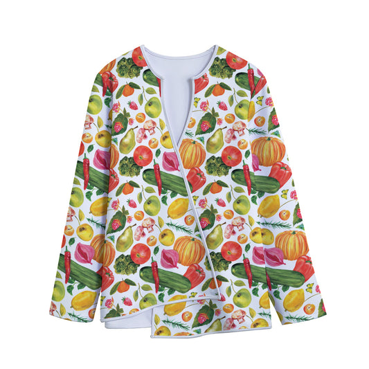 Vegan Fruits And Vegetables Print Long Sleeve Short Coat