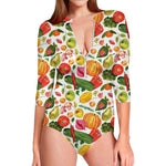 Vegan Fruits And Vegetables Print Long Sleeve Swimsuit