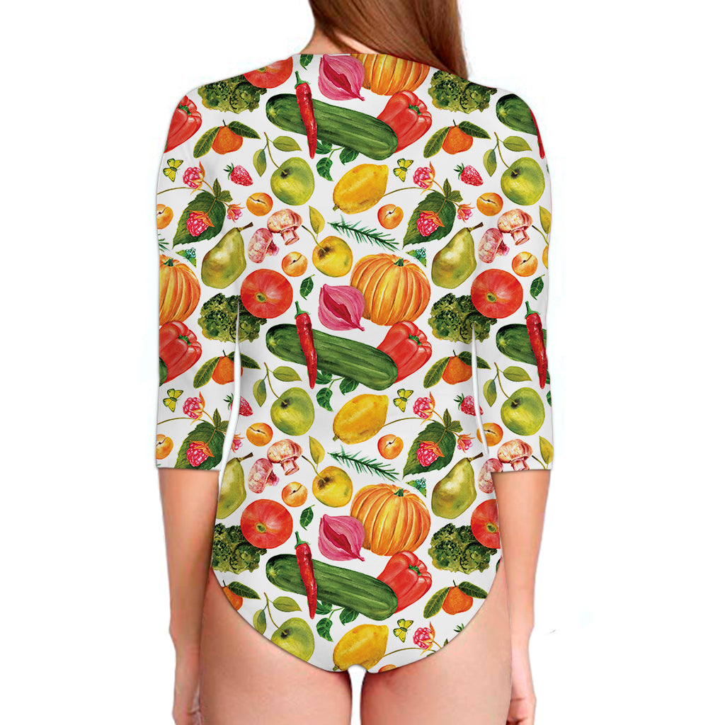 Vegan Fruits And Vegetables Print Long Sleeve Swimsuit