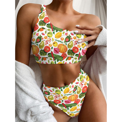 Vegan Fruits And Vegetables Print One Shoulder Bikini Top