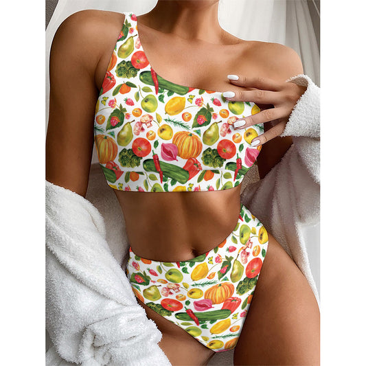Vegan Fruits And Vegetables Print One Shoulder Bikini Top