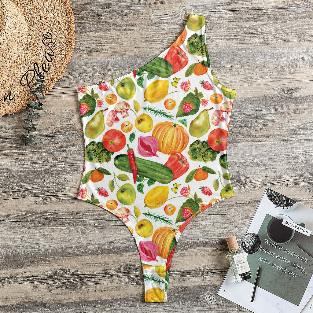 Vegan Fruits And Vegetables Print One Shoulder Bodysuit