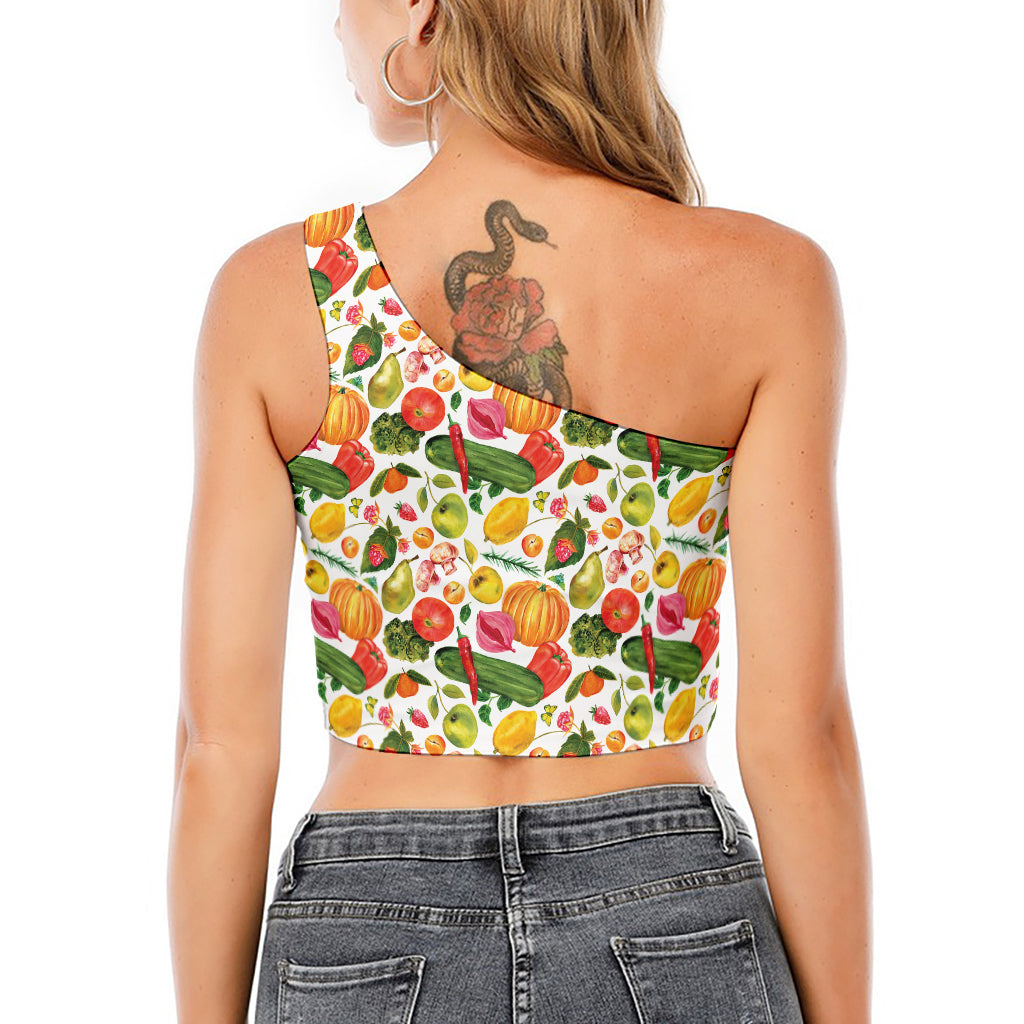 Vegan Fruits And Vegetables Print One Shoulder Crop Top