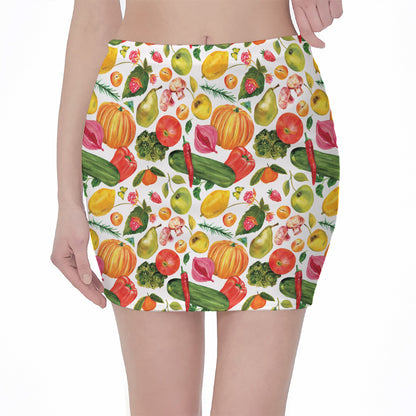 Vegan Fruits And Vegetables Print Pencil Mini Skirt