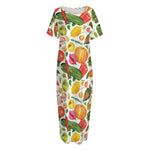 Vegan Fruits And Vegetables Print Short Sleeve Long Nightdress