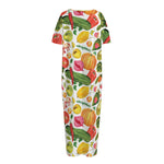 Vegan Fruits And Vegetables Print Short Sleeve Long Nightdress