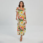 Vegan Fruits And Vegetables Print Short Sleeve Maxi Dress