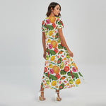 Vegan Fruits And Vegetables Print Short Sleeve Maxi Dress