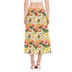 Vegan Fruits And Vegetables Print Side Slit Midi Skirt