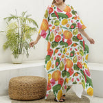Vegan Fruits And Vegetables Print Silk V-Neck Kaftan Dress