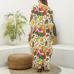 Vegan Fruits And Vegetables Print Silk V-Neck Kaftan Dress