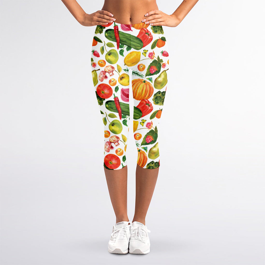 Vegan Fruits And Vegetables Print Women's Capri Leggings