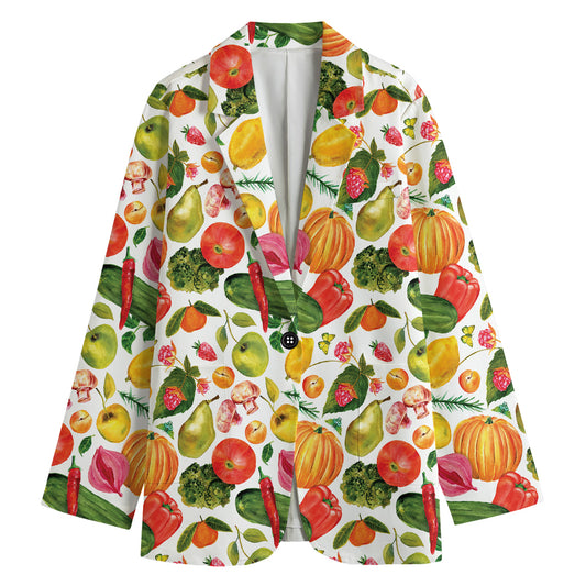 Vegan Fruits And Vegetables Print Women's Cotton Blazer