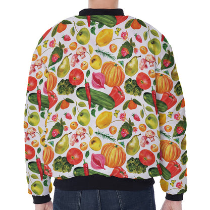 Vegan Fruits And Vegetables Print Zip Sleeve Bomber Jacket