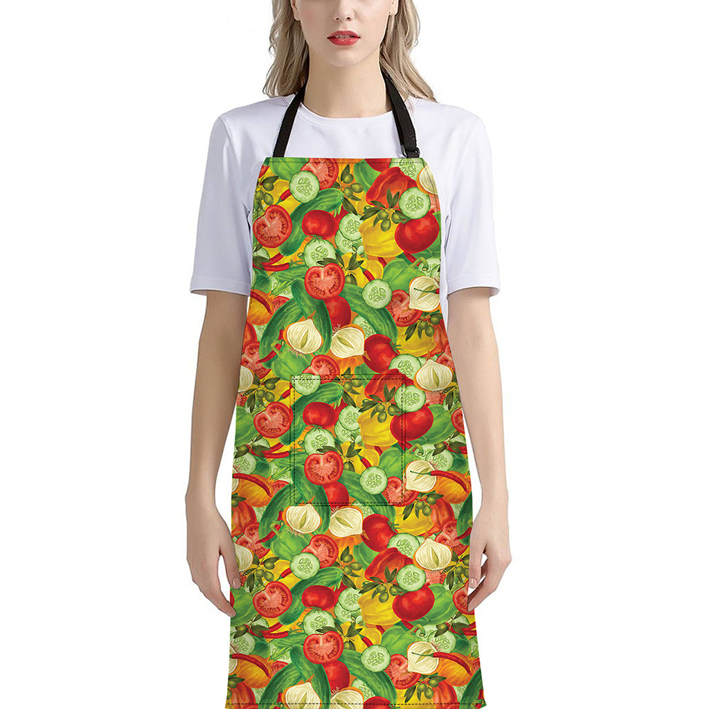Vegan Pattern Print Bib Apron With Pocket