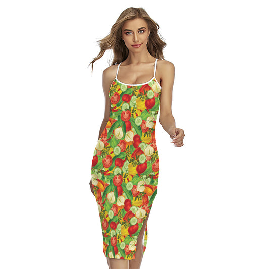 Vegan Pattern Print Cross Back Cami Dress