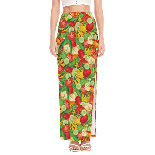 Vegan Pattern Print High Slit Maxi Skirt