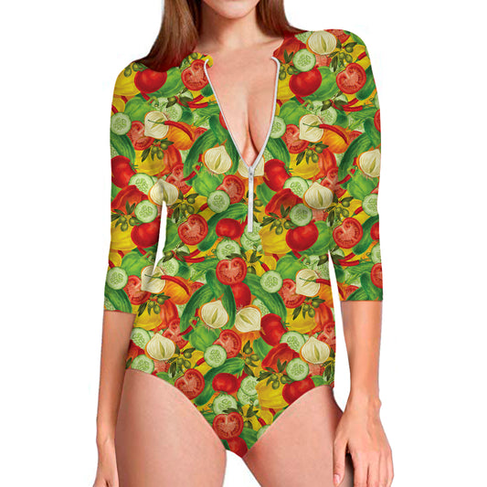 Vegan Pattern Print Long Sleeve Swimsuit