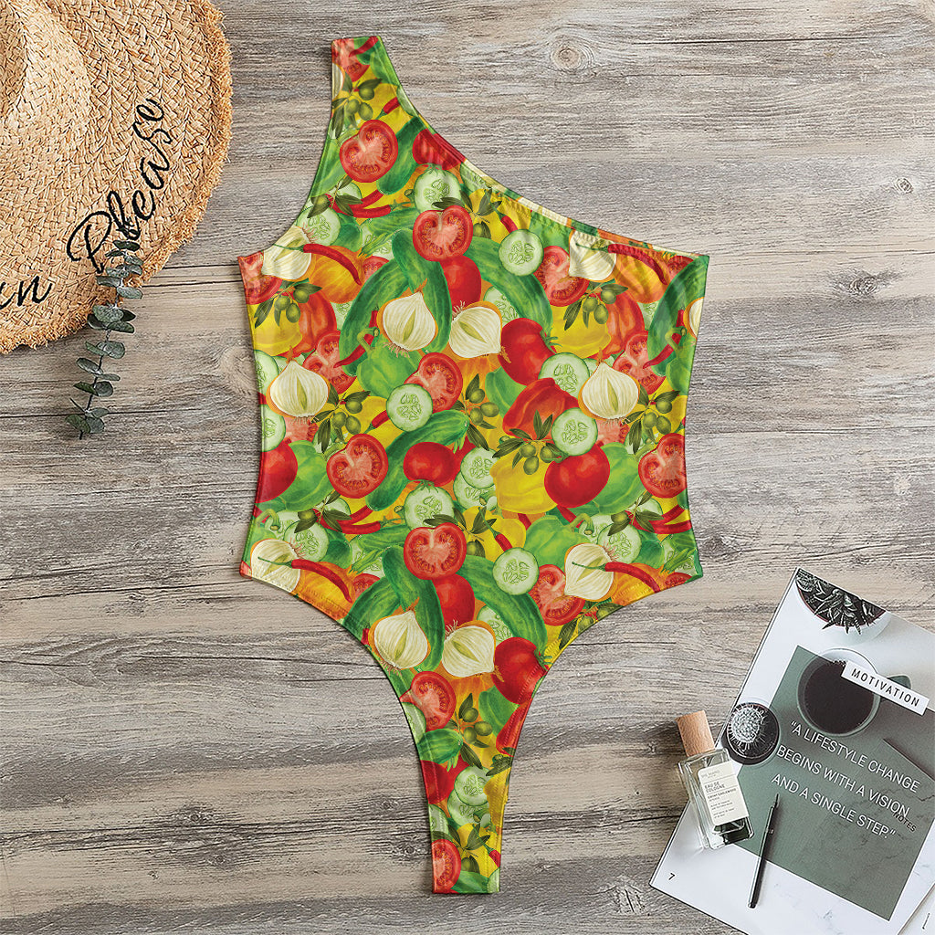 Vegan Pattern Print One Shoulder Bodysuit