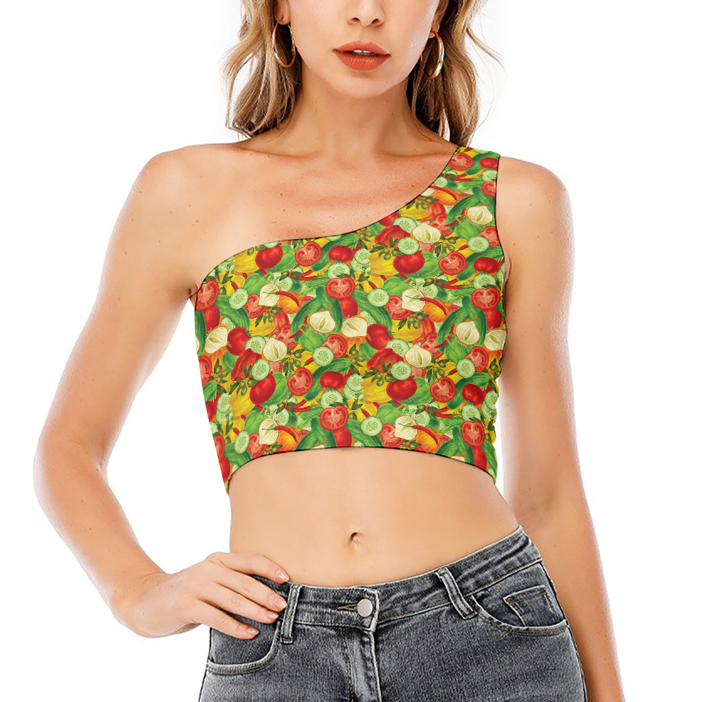 Vegan Pattern Print One Shoulder Crop Top