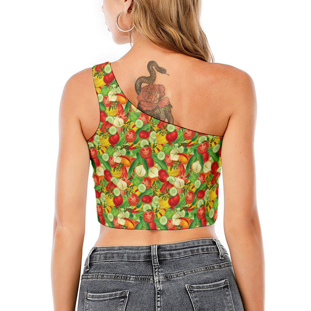 Vegan Pattern Print One Shoulder Crop Top