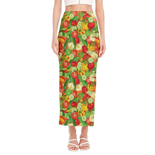 Vegan Pattern Print Side Slit Maxi Skirt