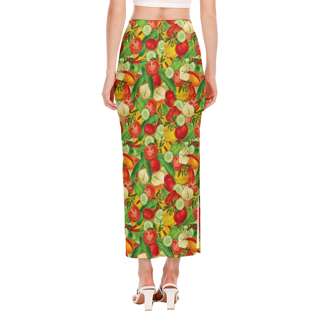 Vegan Pattern Print Side Slit Maxi Skirt