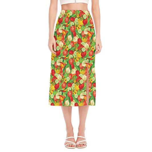 Vegan Pattern Print Side Slit Midi Skirt